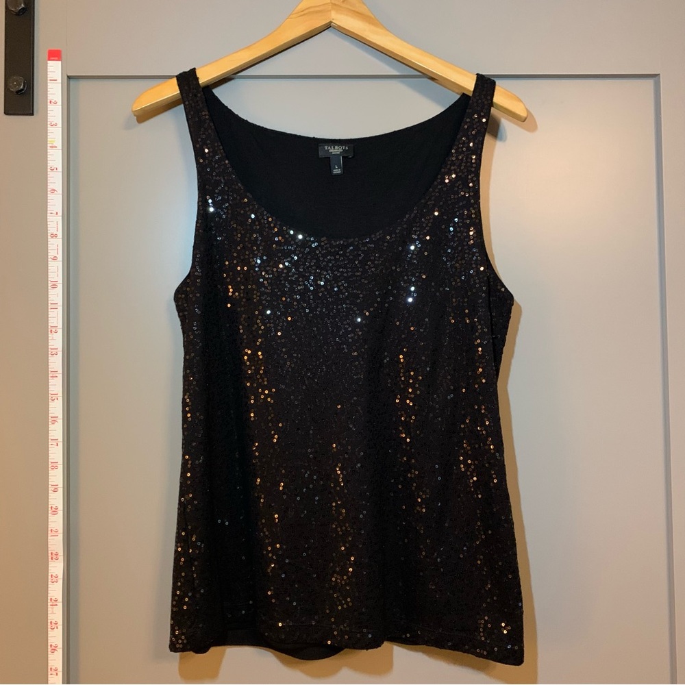 Talbots Women's Petite Black Sequin Tank Stretch Soft Sleeveless Size Large